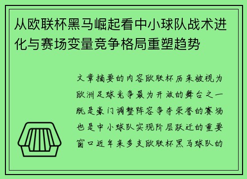 从欧联杯黑马崛起看中小球队战术进化与赛场变量竞争格局重塑趋势