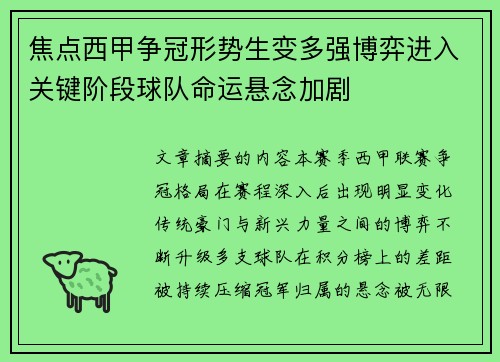 焦点西甲争冠形势生变多强博弈进入关键阶段球队命运悬念加剧