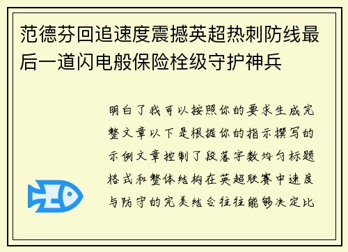 范德芬回追速度震撼英超热刺防线最后一道闪电般保险栓级守护神兵