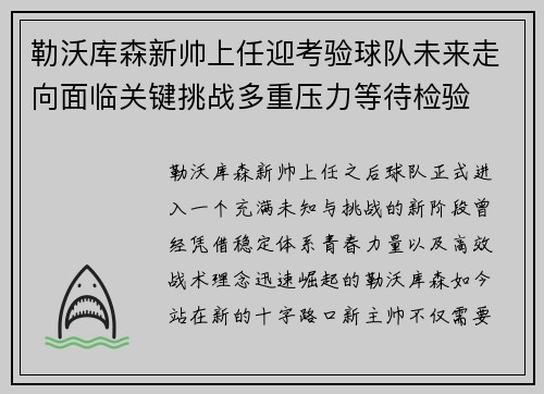 勒沃库森新帅上任迎考验球队未来走向面临关键挑战多重压力等待检验